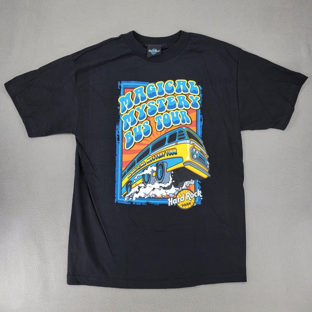 Hard Rock Park T-Shirt Mens M Black Magical Mystery Tour 2007 Double Sided Tee